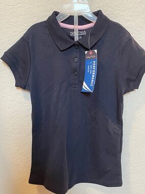Nautica Girls Navy & Pink Trim Performance Polo